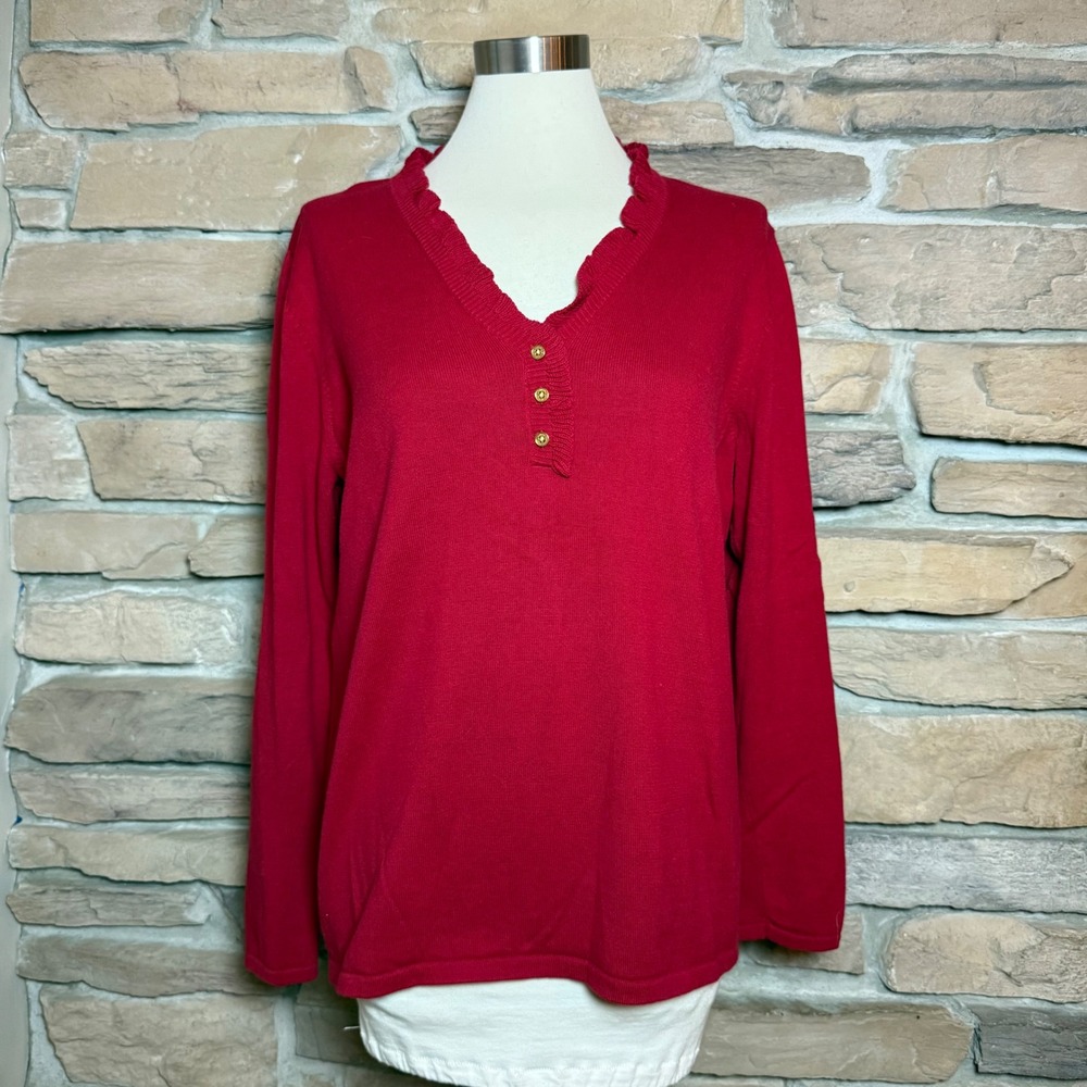 Lauren Ralph Lauren Women's 1X Red Cotton Knit Top Ruffle V-Neck Long Sleeve